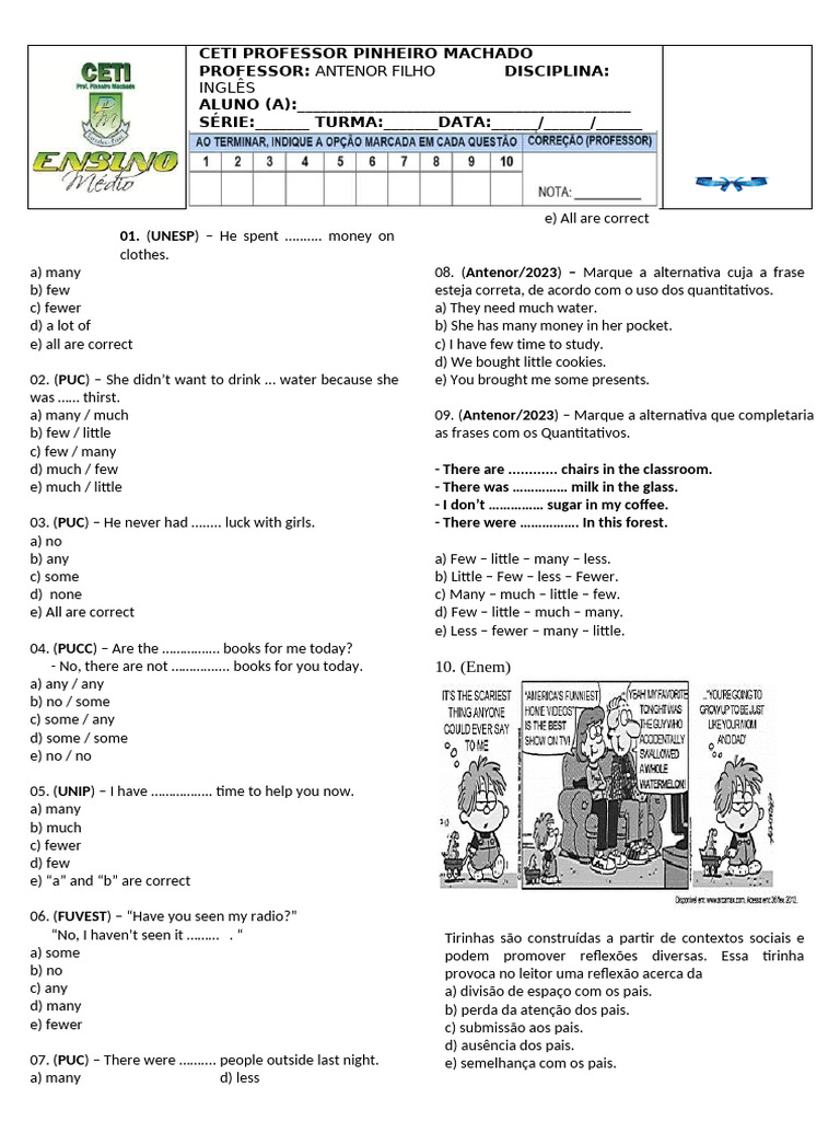 Prova Final de Inglês 2023 1° Ano | PDF