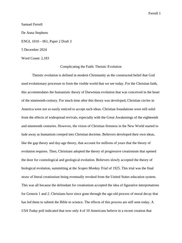 Samuel Ferrell Paper 2 Draft 3 | PDF | Creationism | Original Sin