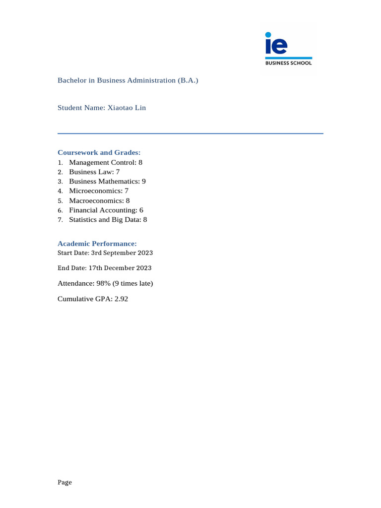 Xiaotao Lin's B.A. in Business Admin | PDF