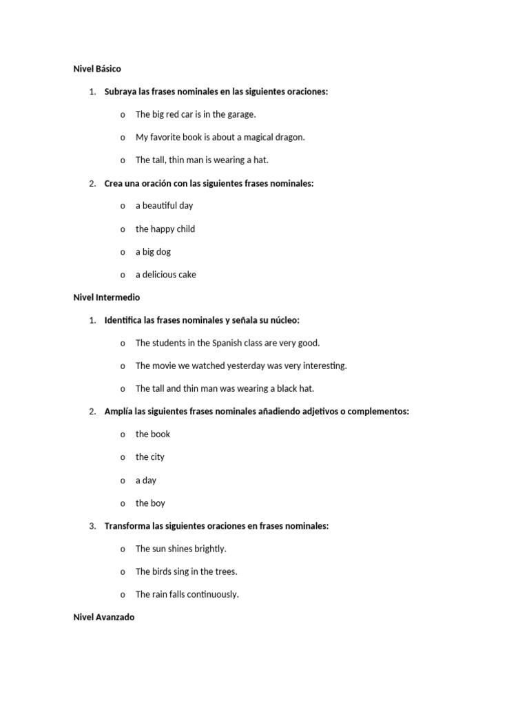Ejercicios de Frases Nominales en Español | PDF