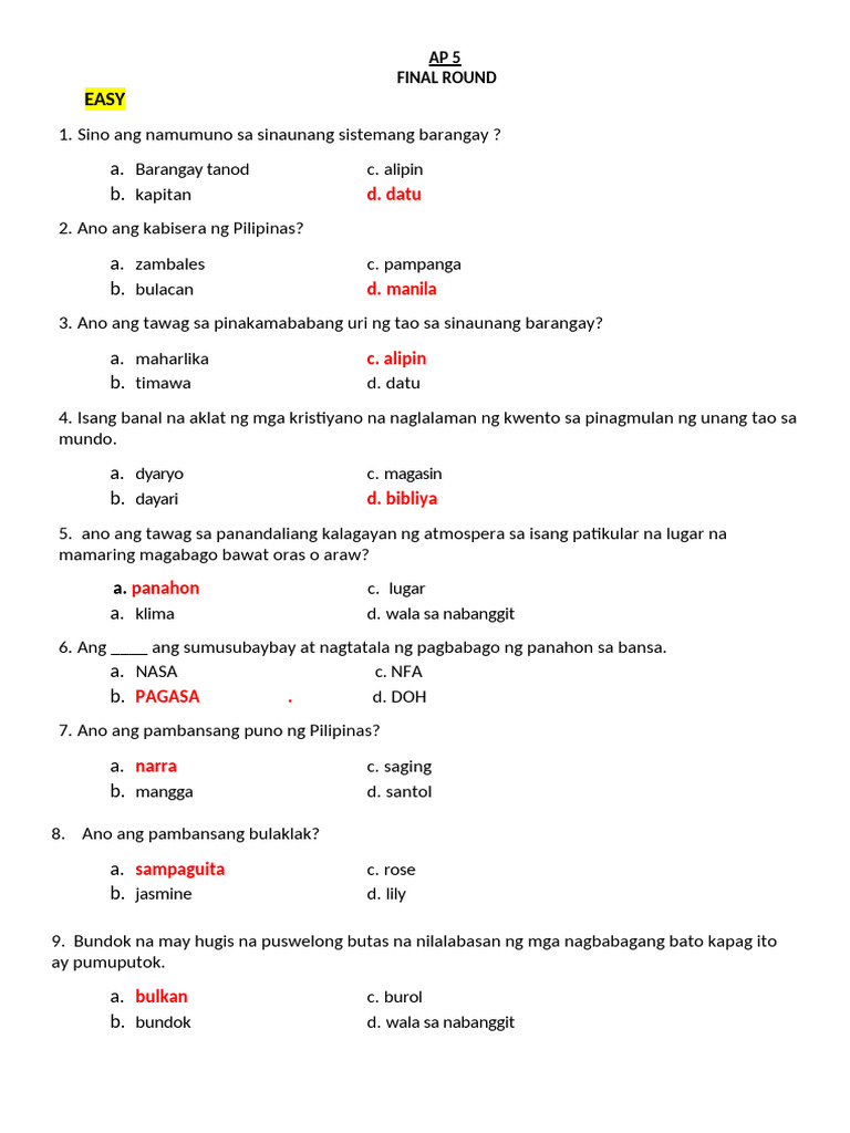AP QUIZ BEE 3rd Round G.5-6 ANSWERS | PDF