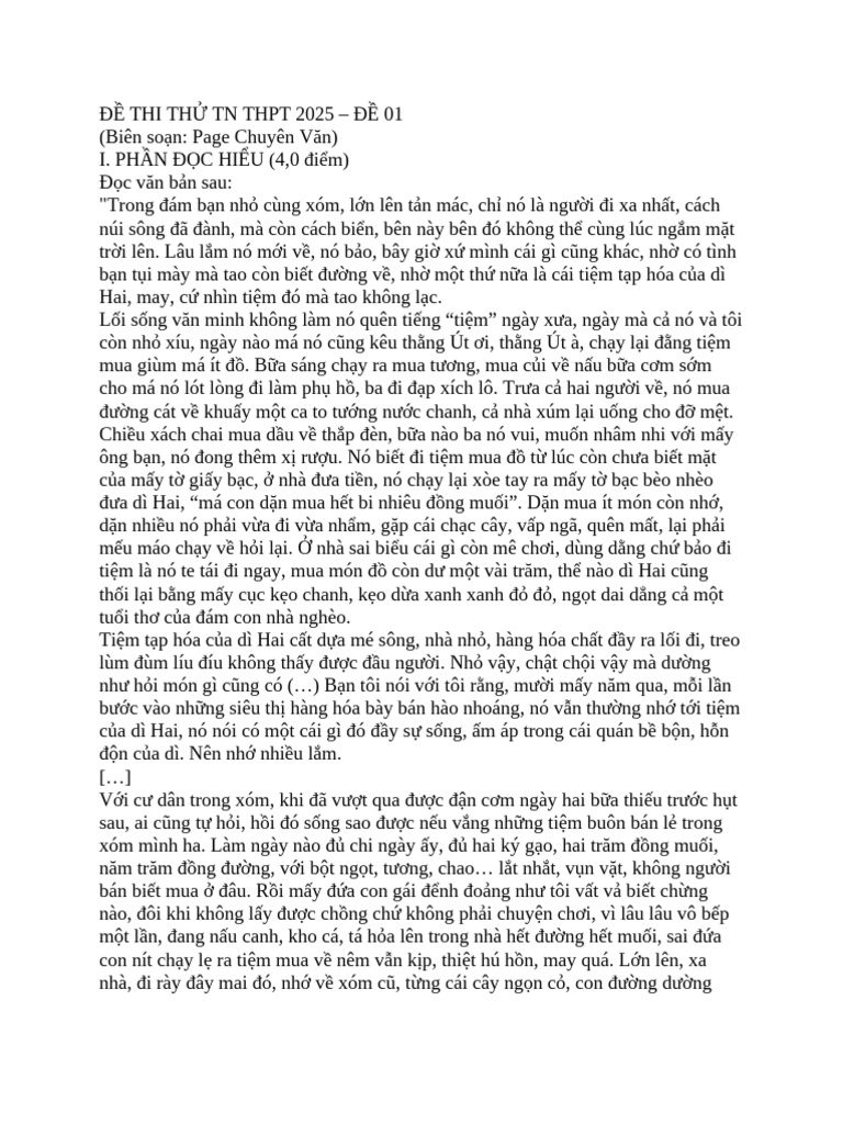 ĐỀ THI THỬ TN THPT 2025- chuyên văn | PDF