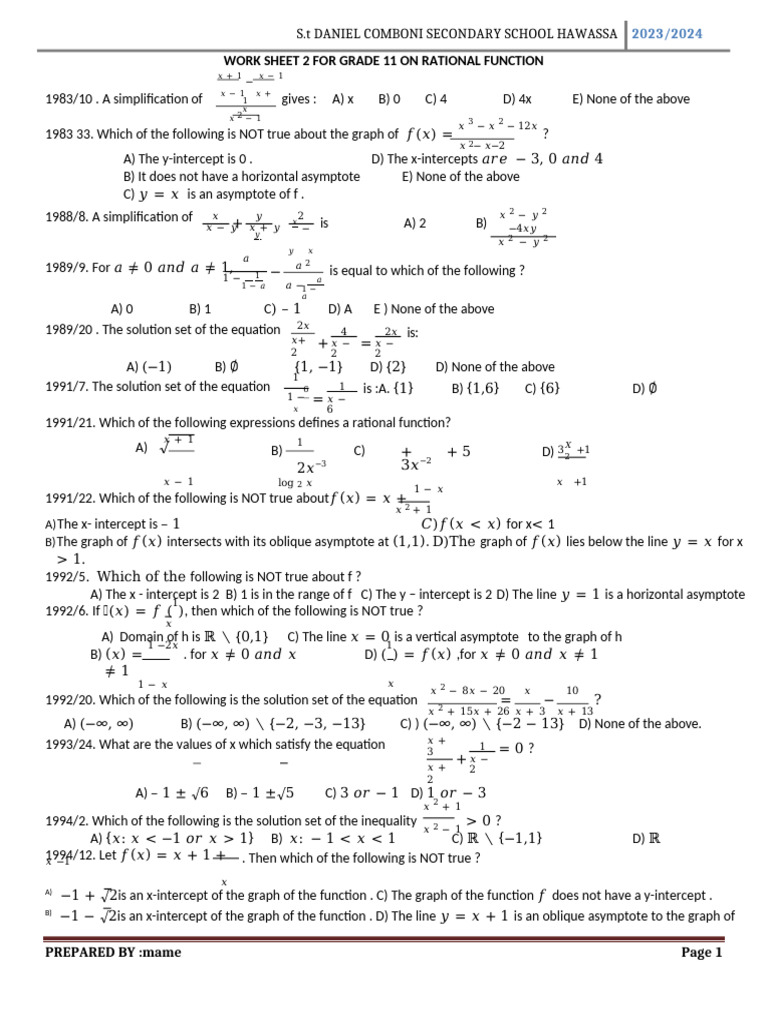 Grade 11 Rational Functions Worksheet | PDF | Asymptote | Function ...
