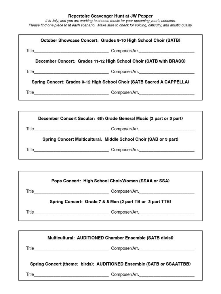 Choral repertoire scavenger hunt class activity for choral methods dr