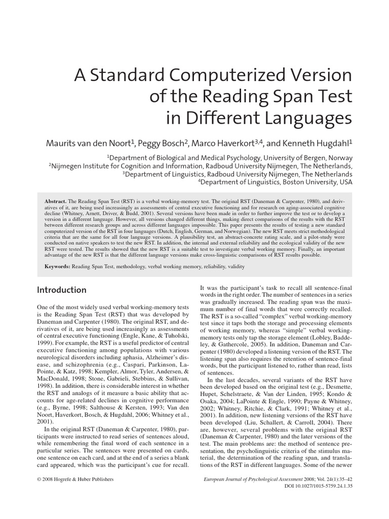 Standardized Reading Span Test 2008 | PDF | Working Memory | Memory