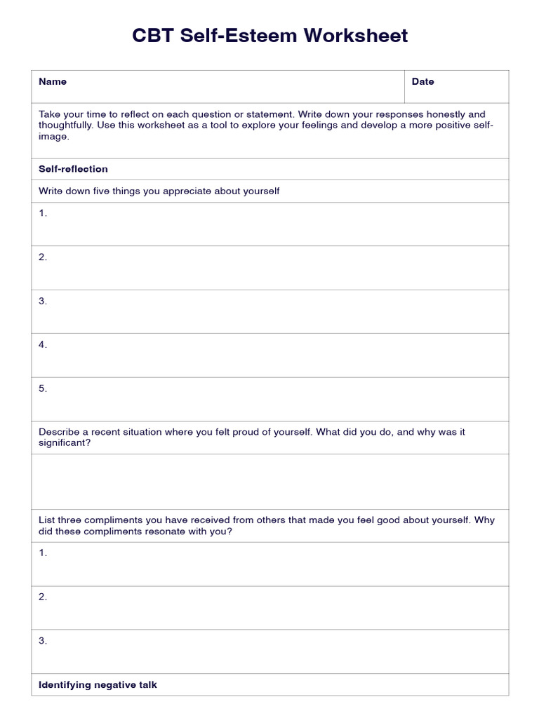 CBT Self Esteem Worksheet PDF