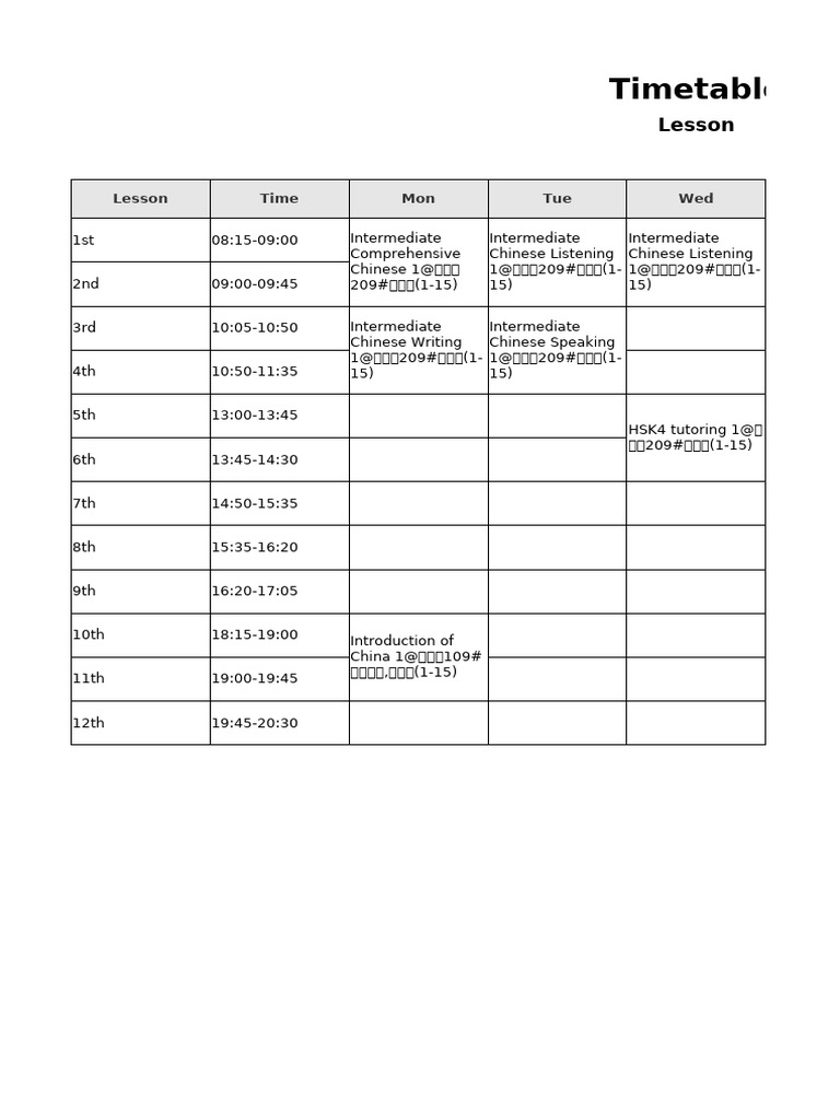 Weekly Chinese Language Timetable | PDF