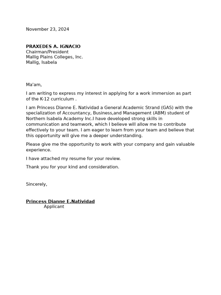 Work Immersion Application by Student | PDF