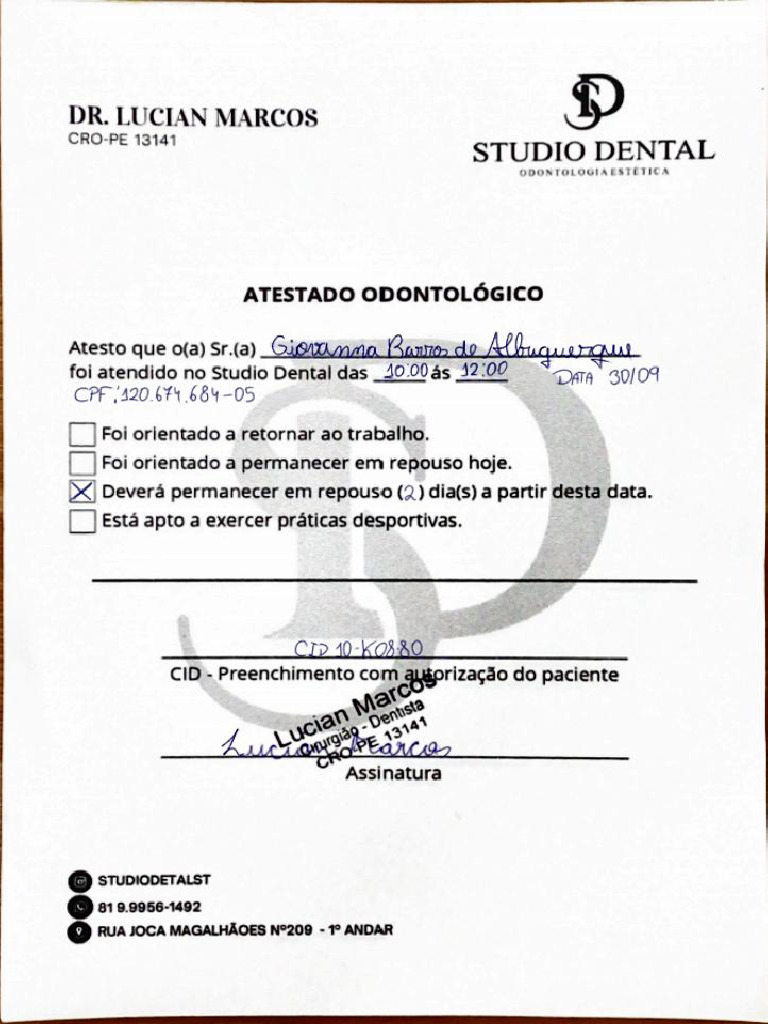 Atestado Odontológico Giovanna Barros. 30.09. | PDF