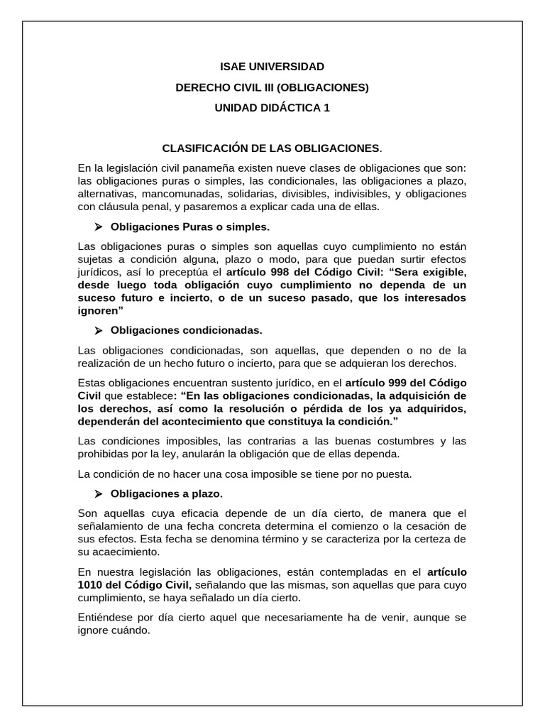 Clasificación de Obligaciones en Derecho Civil | PDF | Pagos | Bienes (Ley)