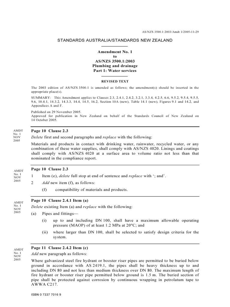 As NZS 3500.1-2003 Amdt 1-2005plumbing and Drainage Part 1 Water ...