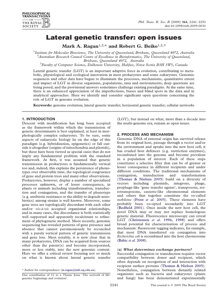 Open Questions in Lateral Genetic Transfer | PDF | Plasmid | Gene