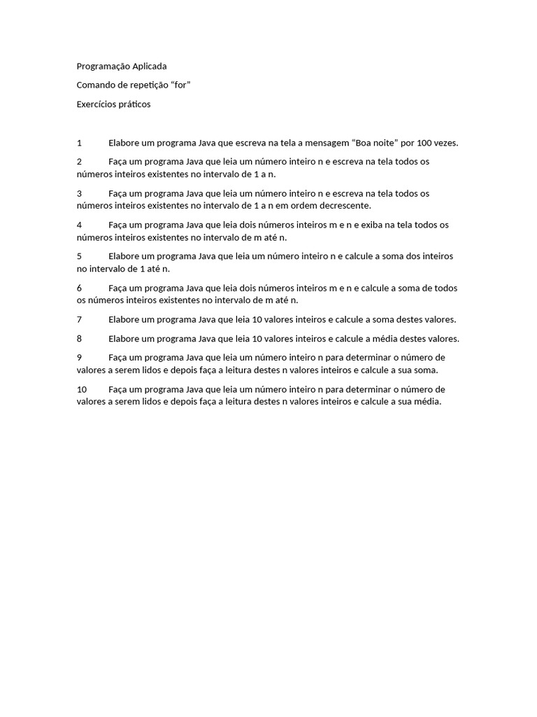 Exercícios de Programação em Java | PDF
