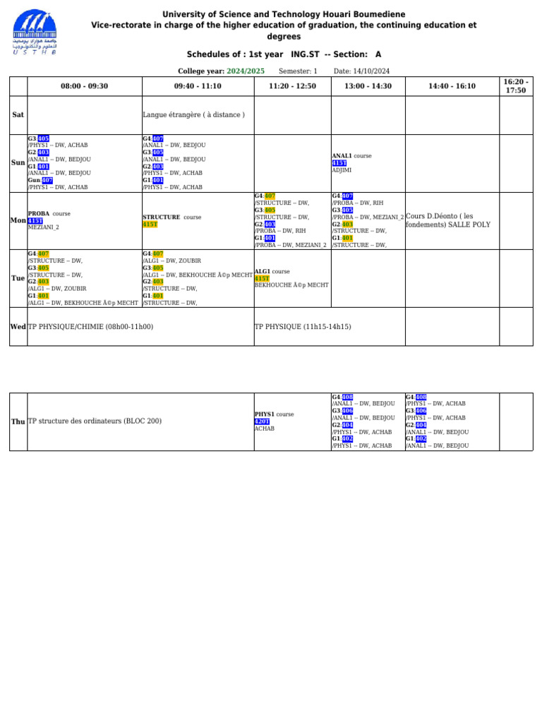2024/2025 First Year ING.ST Schedules | PDF