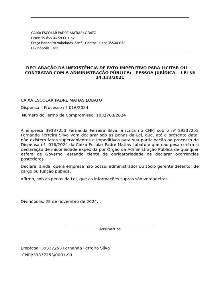 Declaração Da Inexistência de Fato Impeditivo para Licitar Ou Contratar ...