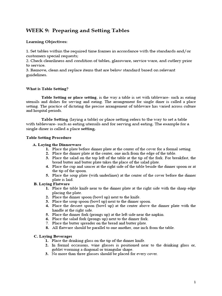 Table Setting Techniques and Standards | PDF | Tableware | Hors D'oeuvre
