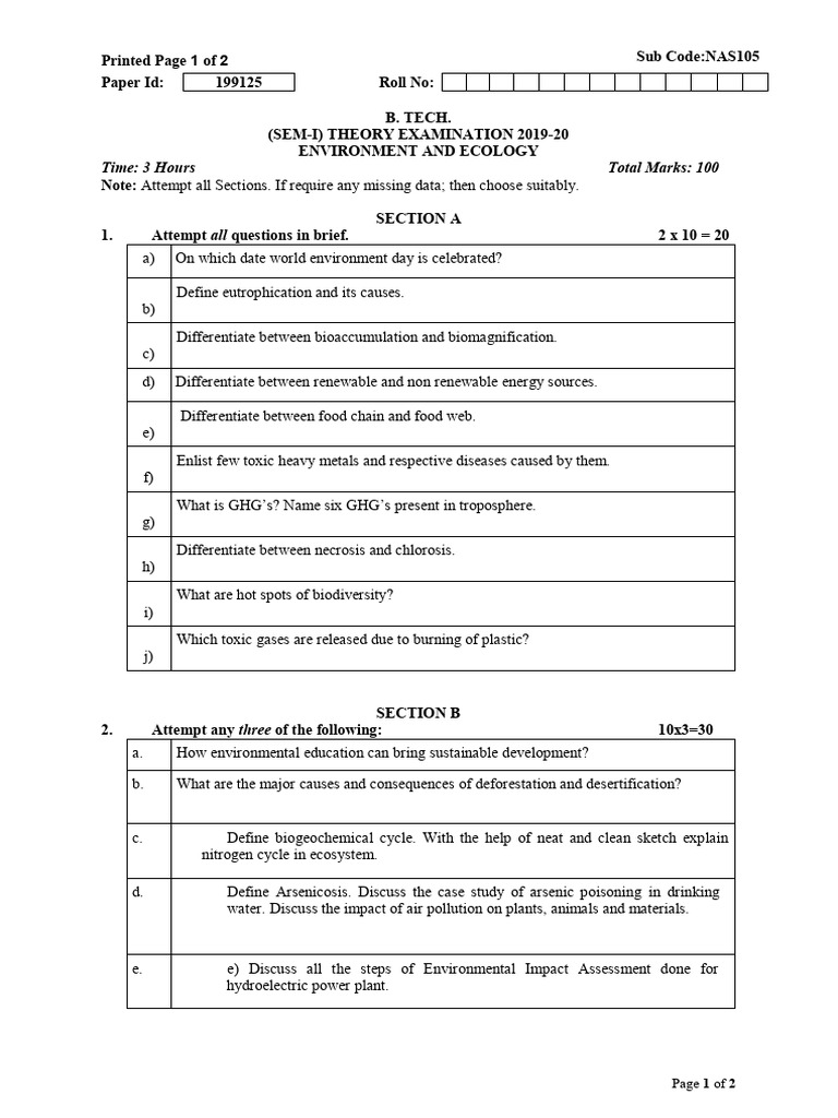 Btech 1 Sem Environment and Ecology Nas105 2020 | PDF | Natural ...