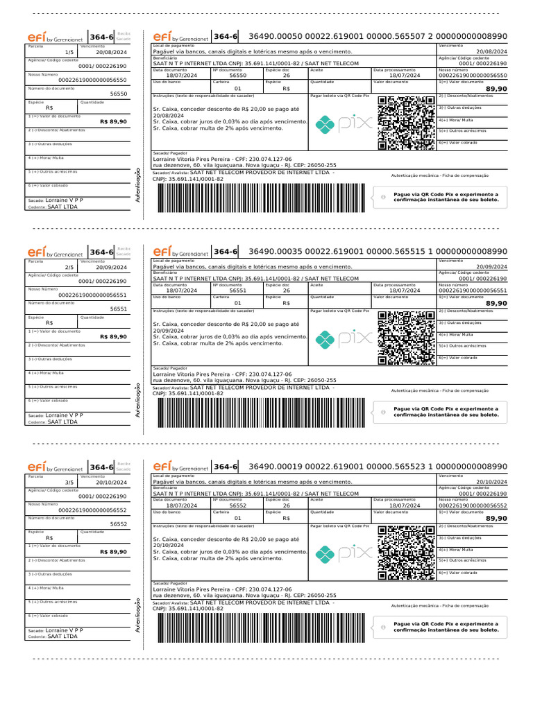 Boleto Recibo SAAT NET Telecom 2024 | PDF | Tecnologia bancária ...