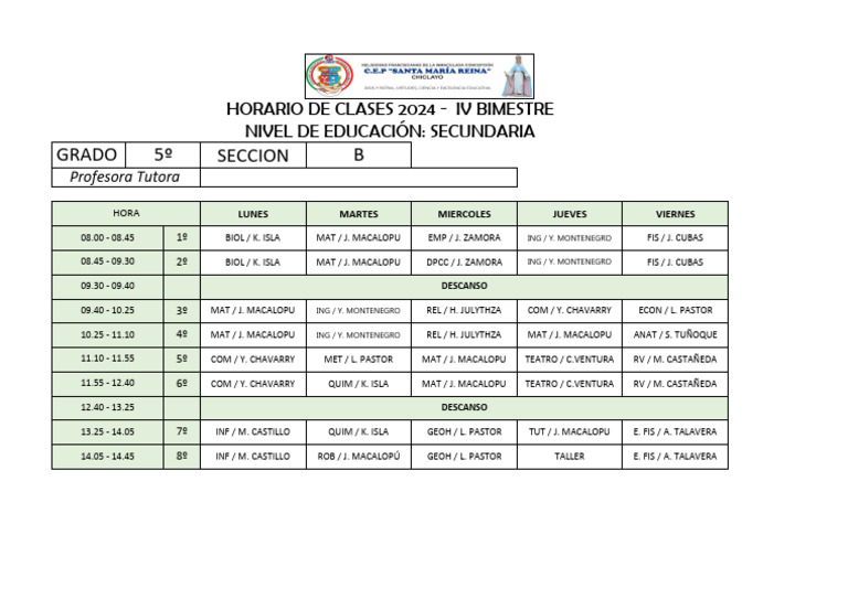 Horario Clases Secundaria 2024 | PDF