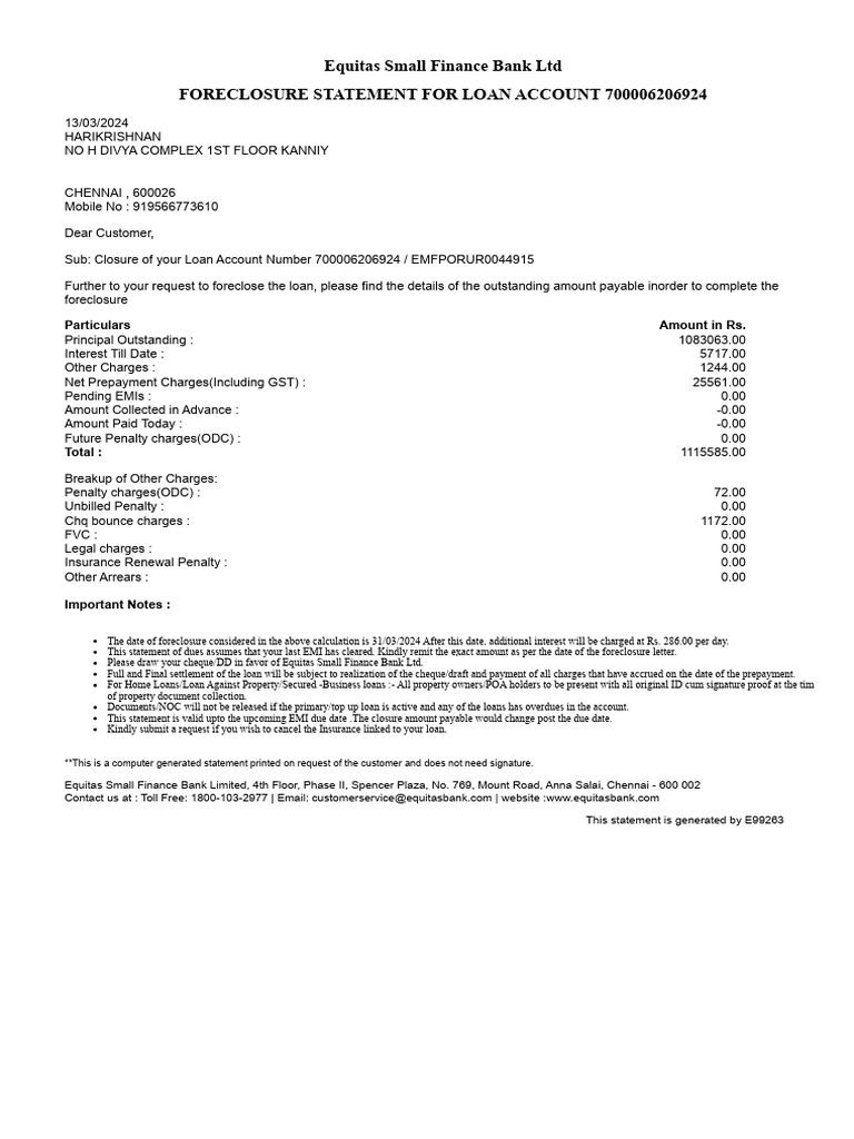 Equitas Loan Account Foreclosure Statement | PDF | Cheque | Foreclosure