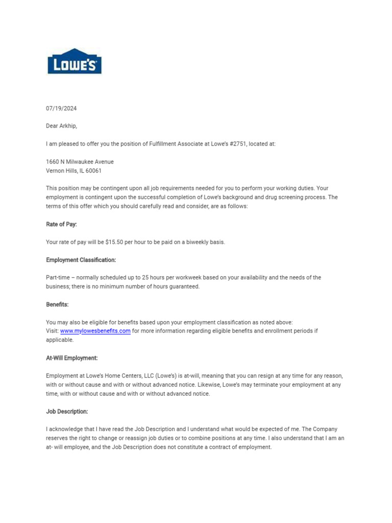Lowe's Fulfillment Associate Offer Letter | PDF | Arbitration | Class ...