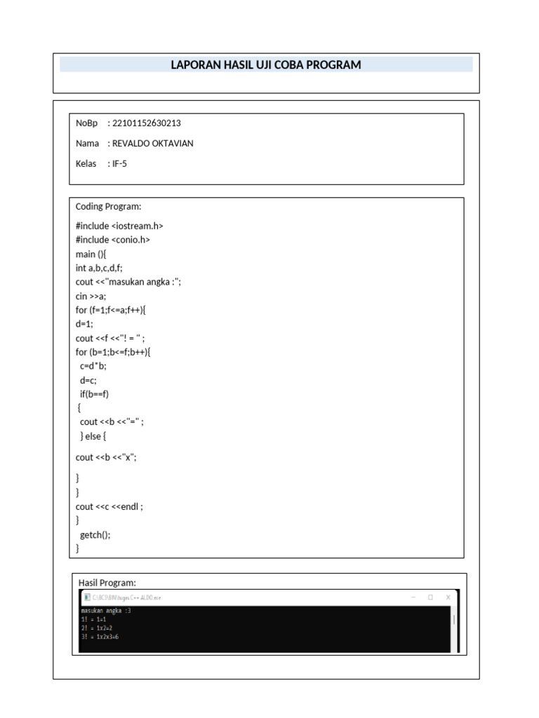 Hasil Uji Coba Program Faktorial | PDF