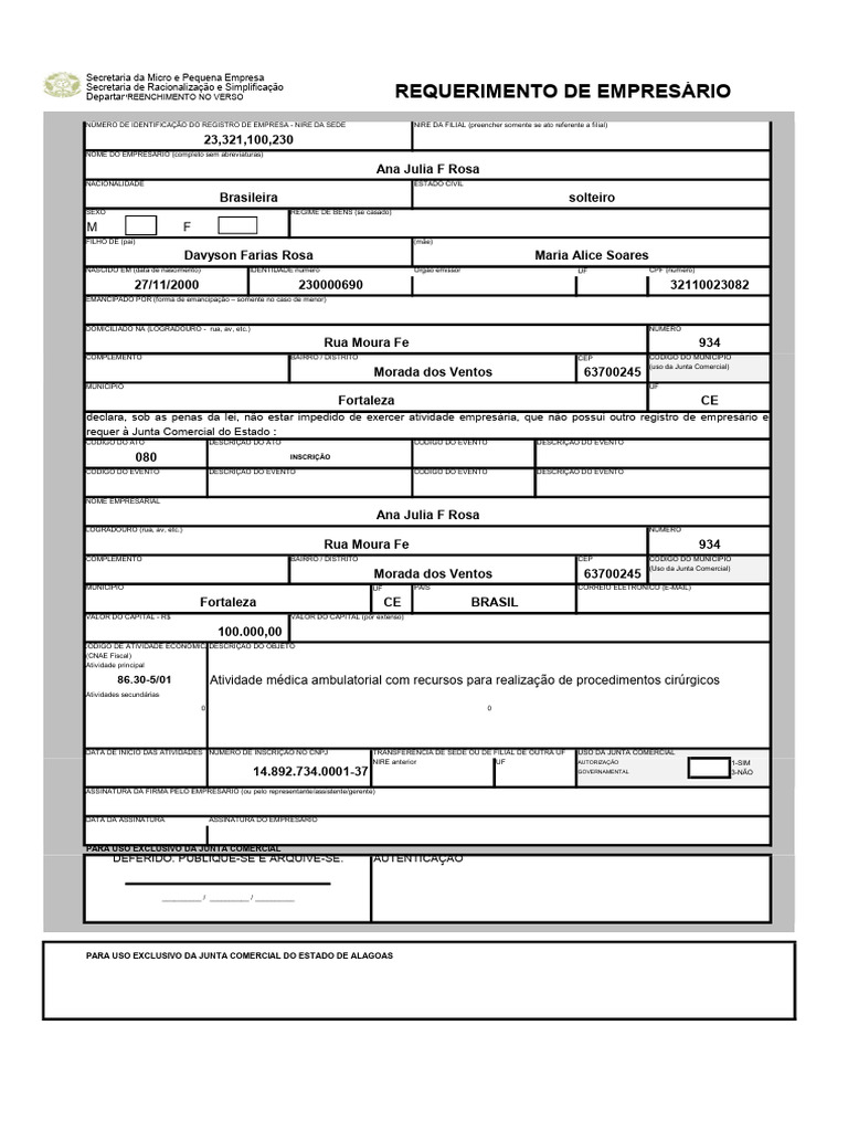 Requerimento de Empresário Individual | PDF | Brasil