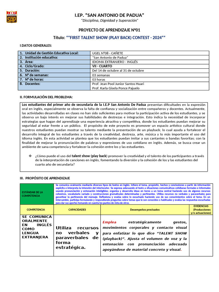 Proyecto de Aprendizaje 01 - Cuarto | PDF | Aprendizaje | Comunicación ...