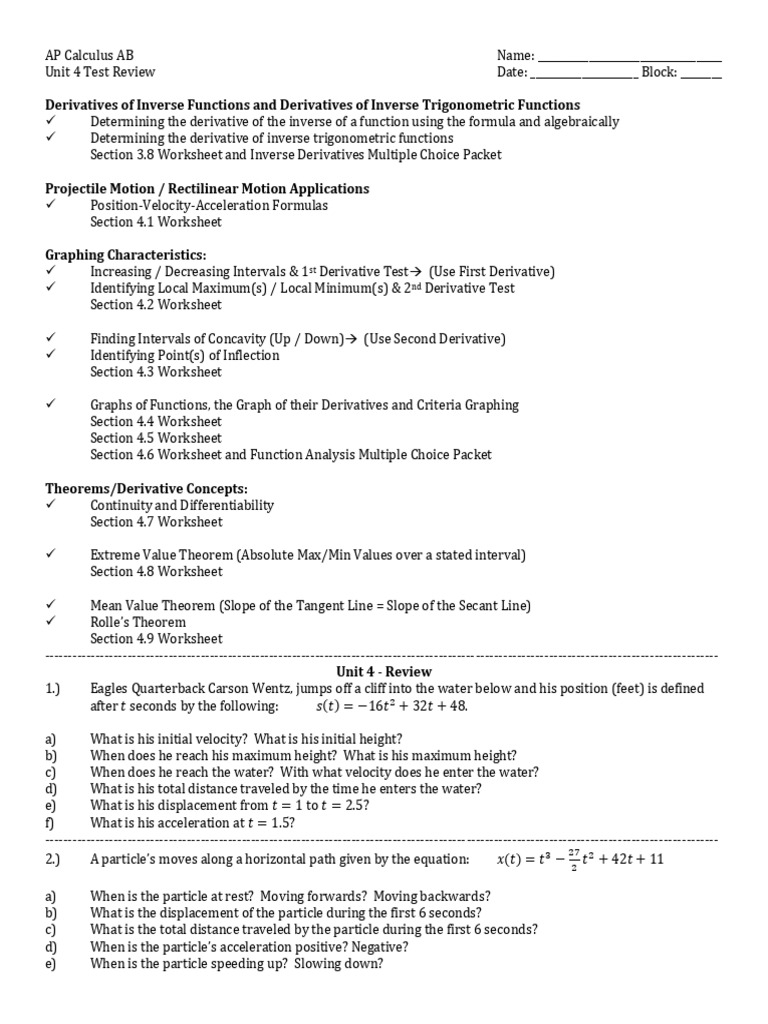 AP Calculus AB Unit 4 Test Review | PDF | Derivative | Trigonometric ...
