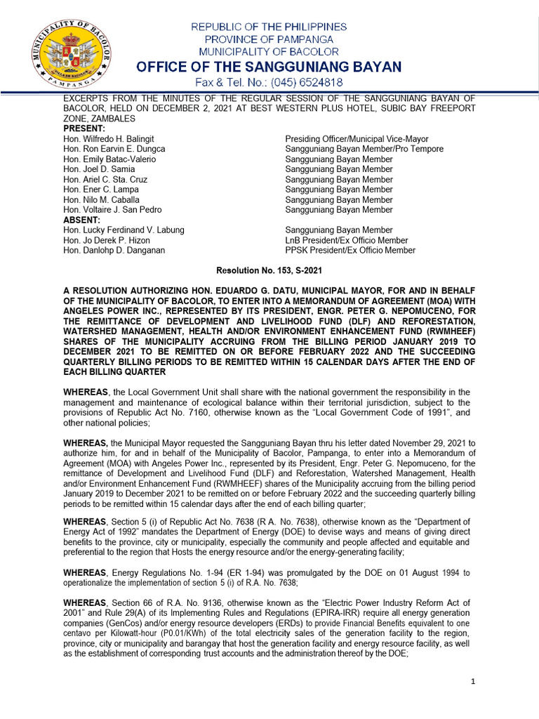 Resolution No. 153, Series of 2021 | PDF