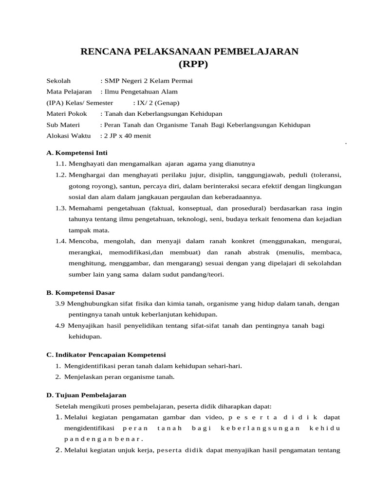 RPP IPA Kelas IX: Peran Tanah dalam Kehidupan | PDF