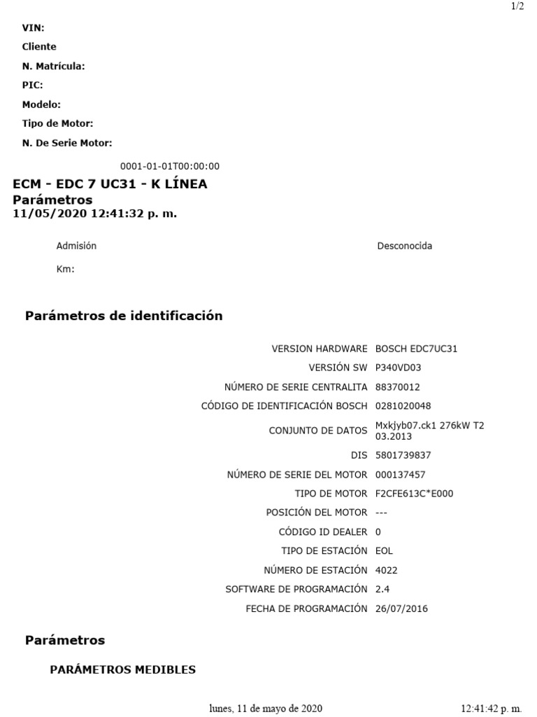 Parámetros EDC7 UC31: Datos del Motor | PDF | Tecnología de vehículos ...