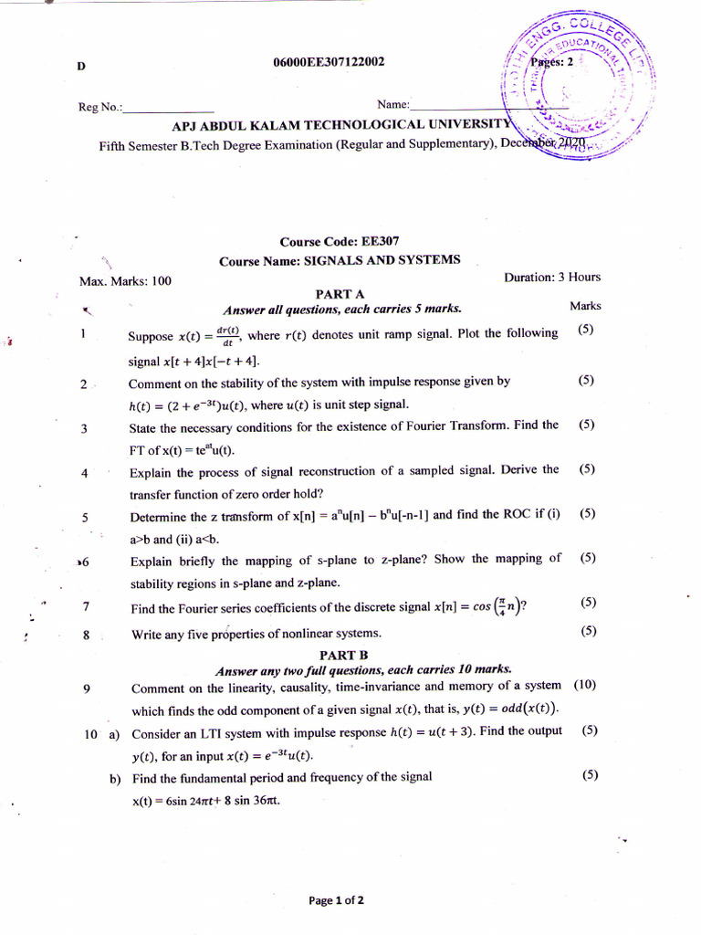 Signals and Systems Exam Paper | PDF | Harmonic Analysis | Fourier Analysis