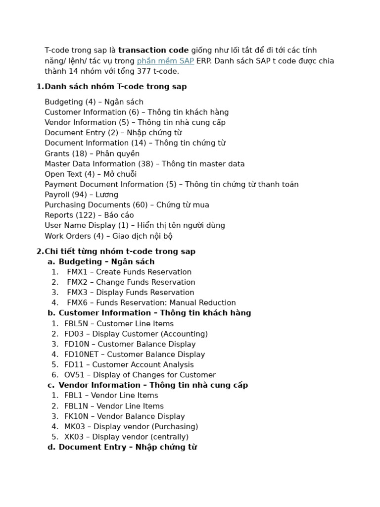 Danh Sách T-Code Trong SAP | PDF | Business
