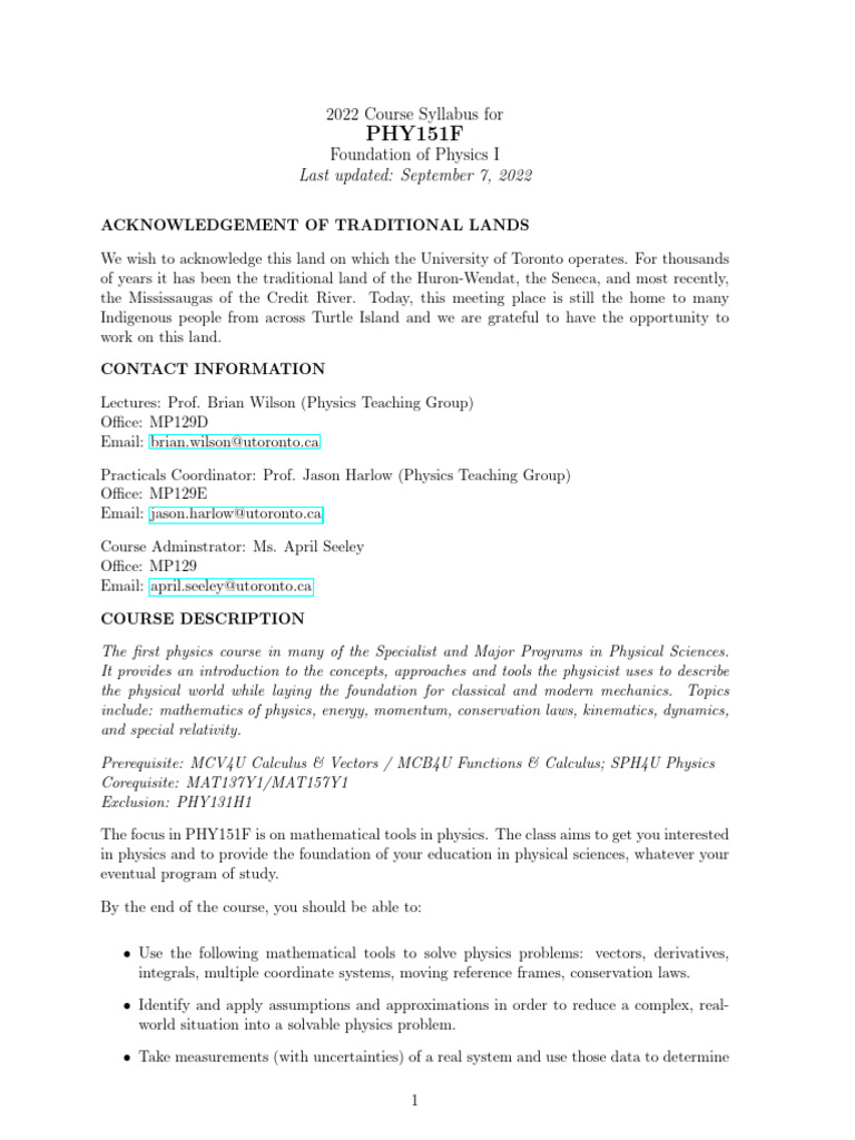 PHY151F Syllabus - UofT 2022 | PDF | Academic Dishonesty | Physics