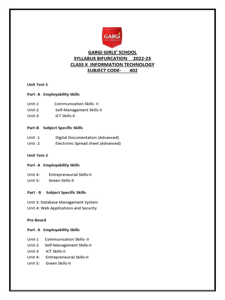 Class 10 It 402 Syllabus 2025 26