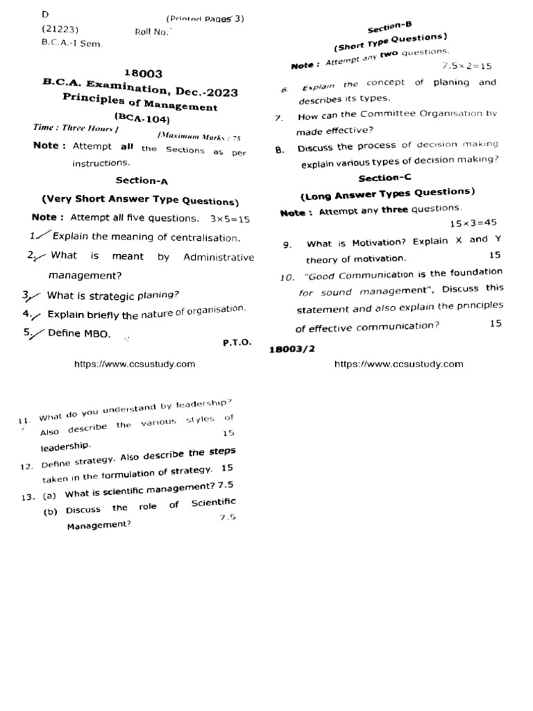 Bca 1 Sem Principles Of Management 18003 Dec 2023 Pdf