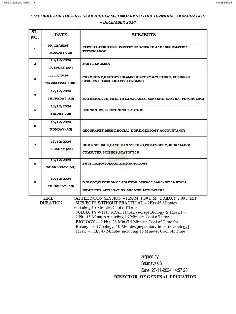 2024 Higher Secondary Exam Timetable | PDF | Science | Liberal Arts ...