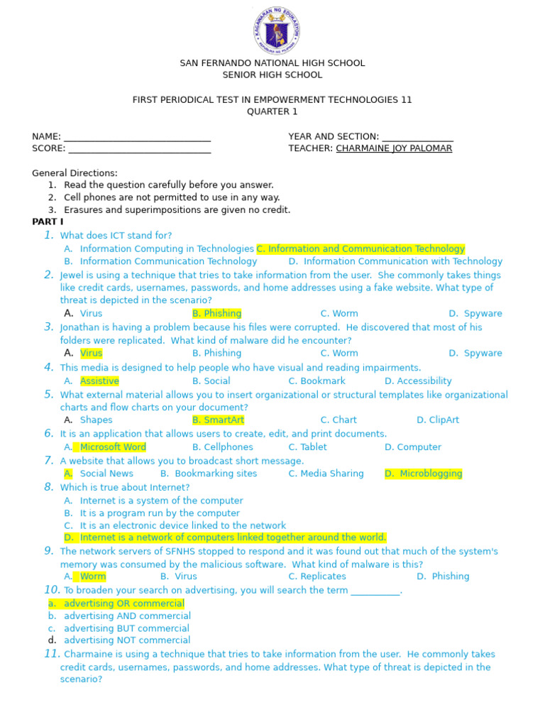 Empowerment Technologies Test for SHS Students | PDF | Malware ...