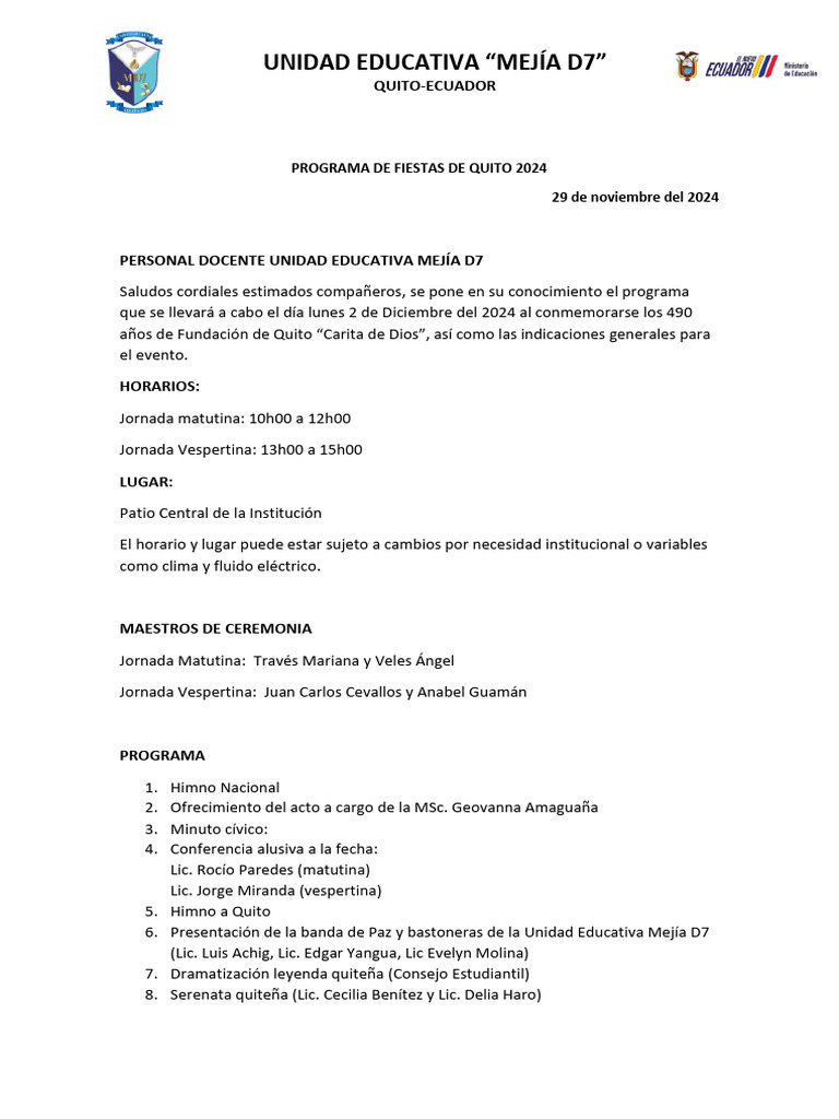 Programa Fiestas Quito 2024 | PDF