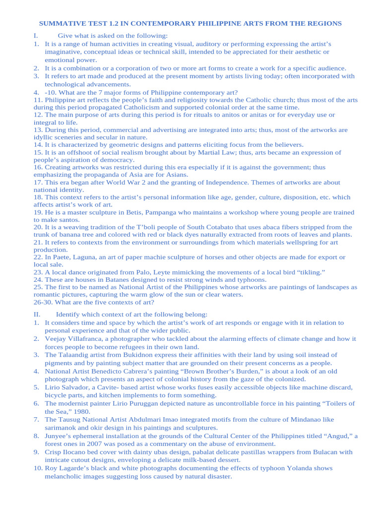 Summative Test 1 2 Pdf Paintings The Arts