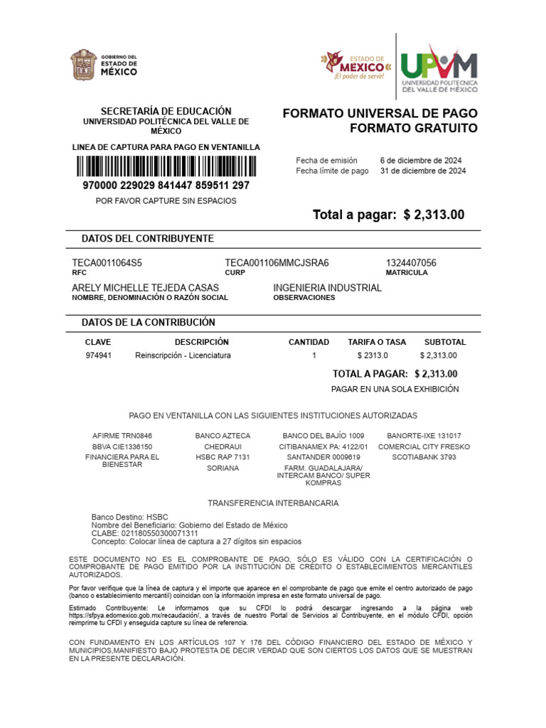 Formato de Pago Reinscripcion | PDF | Finanzas personales | Servicios ...