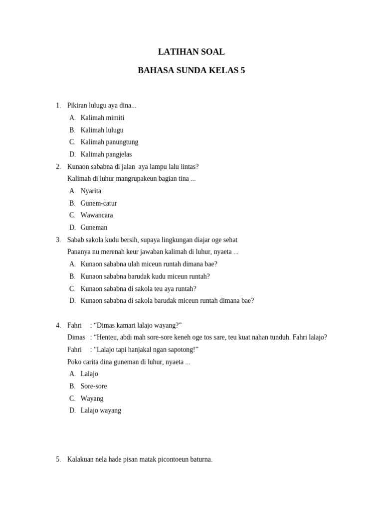 LATIHAN SOAL Basa Sunda KELAS 5 | PDF