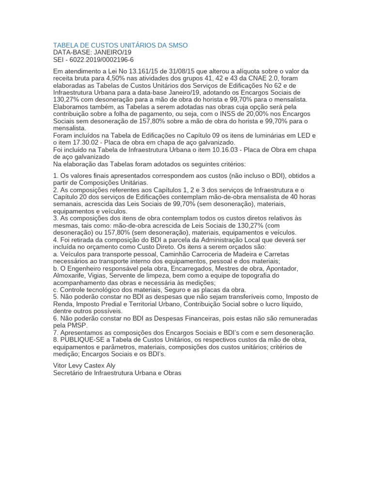 Tabela de Custos Unitários SMSO 2019 | PDF | Economias