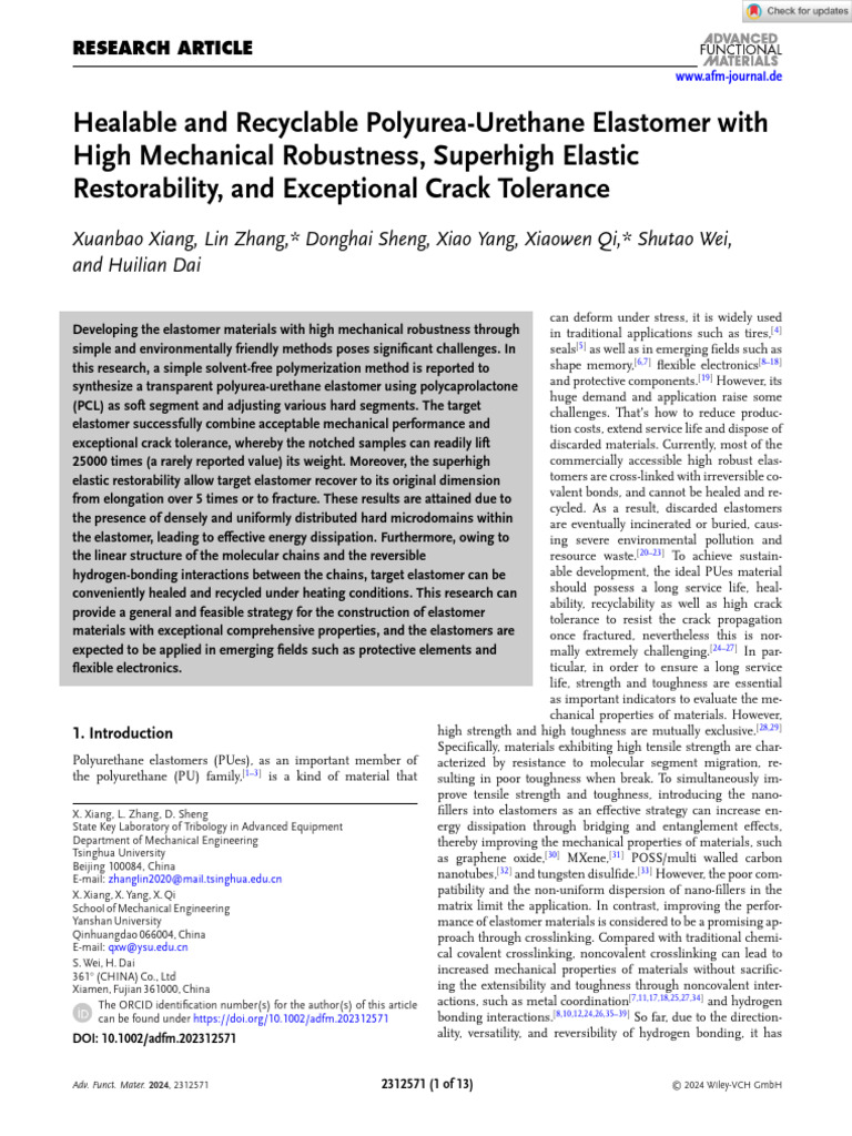 Adv Funct Materials - 2024 - Xiang - Healable and Recyclable Polyurea ...