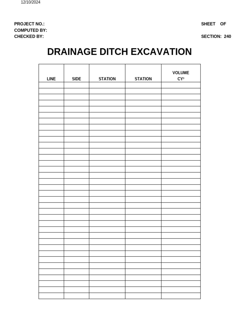 Drainage Ditch Excavation: Project No.: Sheet of Computed By: Checked ...