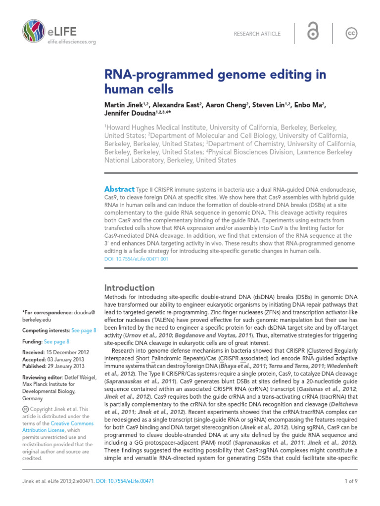 RNA-programmed Genome Editing in Human Cells | PDF | Dna | Gene Expression