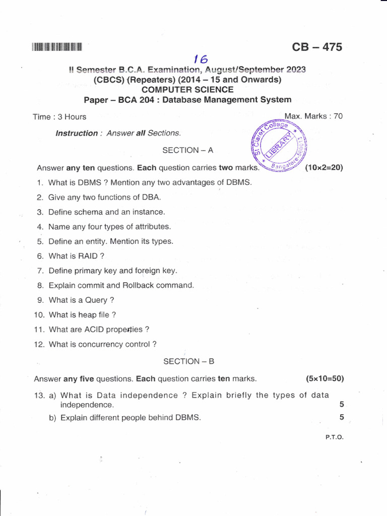 BCA 204 Database Management System Exam Guide | PDF | Databases ...