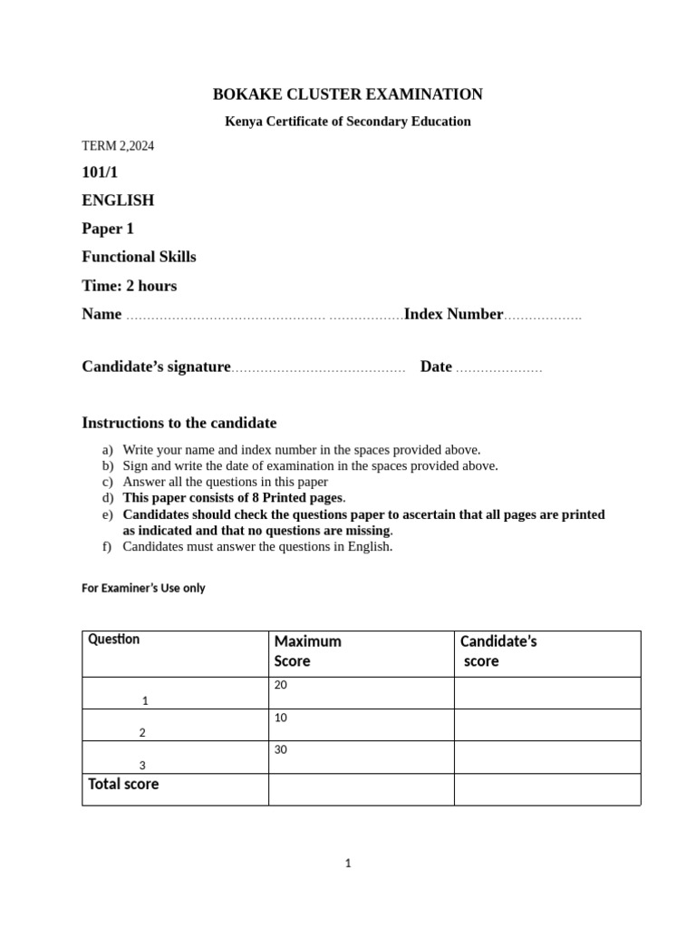 KCSE 2024 English Exam Paper 1 | PDF | Menstruation