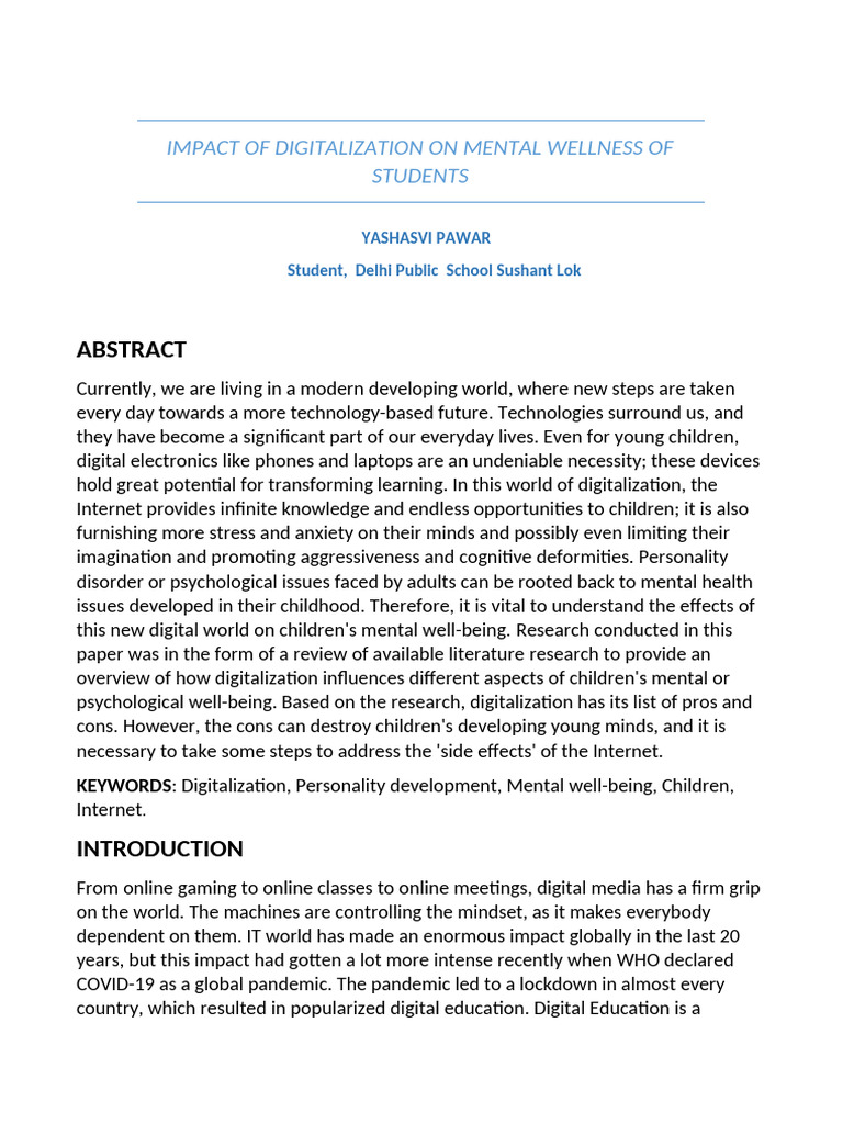 Impact of Digitalization On Mental Wellness of Students 2 | PDF ...